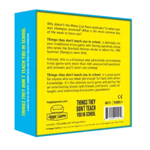 Square game box for Things they don’t teach you in school - Hygge games, with a bright yellow back panel featuring trivia game descriptions, text, and a barcode. Gate21.ee