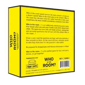 Back of a yellow Who in the Room? - Hygge games box showing example questions, a description of the game, and age and player information for all the family. Gate21.ee