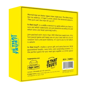 The back of a yellow Is that true?! - Hygge games box, featuring sample trivia questions, a game description, age and player requirements, and a barcode. Gate21.ee