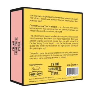 The back of an I’m not saying you’re stupid... - Hygge games box displays the gameplay description, age and player count, a barcode, and the Hygge Games logo. Gate21.ee
