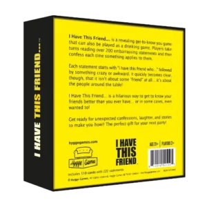The back of a yellow I have this friend... - Hygge games box featuring a product description, a sofa icon, a barcode, and age and player requirements. Gate21.ee