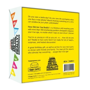 The back of a yellow How old are you really? - Hygge games box, featuring a game description, a barcode, and age and player requirements. Gate21.ee