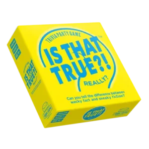 Yellow square box for the Is that true?! - Hygge games, featuring blue text that reads IS THAT TRUE?! REALLY? and Can you tell the difference between wacky fact and sneaky fiction?. Gate21.ee