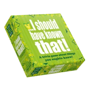 Lime green box for the I should have known that! - Hygge games trivia game for the family, featuring owl illustrations and large white text that reads, I should have known that!. Gate21.ee