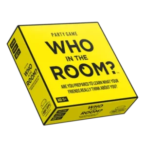 A yellow box for the Who in the Room? - Hygge games party game, featuring the subtitle Are you prepared to learn what your friends really think about you? and a 17+ age rating. Gate21.ee