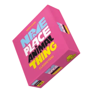 A pink box for the Name, Place, Animal, Thing! - Hygge games word game, perfect as a hygge game for all the family. Gate21.ee