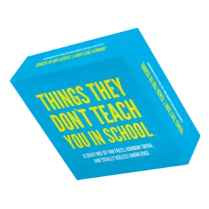 Blue square box for Things they don’t teach you in school - Hygge games, featuring yellow text that reads: A crazy mix of fun facts, random trivia, and totally useless knowledge. Gate21.ee