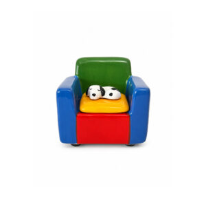 Milk - Jewellery Box (Copy): a small ceramic armchair in primary colours featuring a sleeping dog figurine on the seat and a dreamy cat plate by Hello Ferretti. Gate21.ee