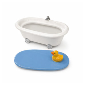 Dog Multicoloured Sofa - Jewellery Box: a white ceramic bath-shaped cat jewellery dish with a separate blue lid topped with a small yellow rubber duck. Gate21.ee