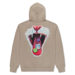 A tan Here All Along Hoodie - Black featuring a large print on the back of an open animal mouth with three small, colourful graphic shapes on the tongue. Gate21.ee