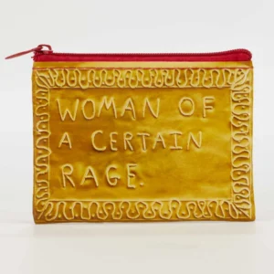 Mustard yellow Good at Bad Decisions - Recycled Coin Purse with a zip fastening, a decorative border, and the text WOMAN OF A CERTAIN RAGE embossed on the front. Gate21.ee