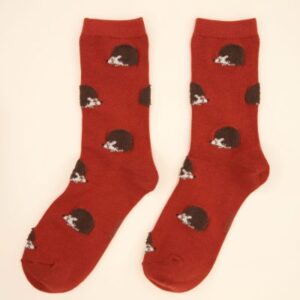 Dark red cotton Hedgehog - Cotton Socks featuring a repeating pattern of small hedgehogs. Gate21.ee