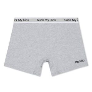 Grey Suck It Boxers - Black boxer briefs with a white waistband repeating the phrase Suck My Dick and the brand name printed on the lower right leg. Gate21.ee