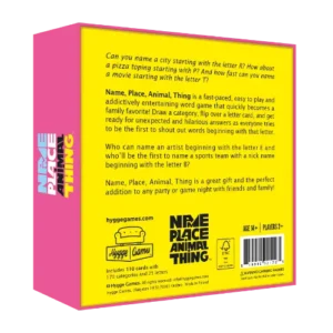 The yellow back of a Name, Place, Animal, Thing! - Hygge games box, featuring a description, logo, barcode, and age and player requirements. Gate21.ee